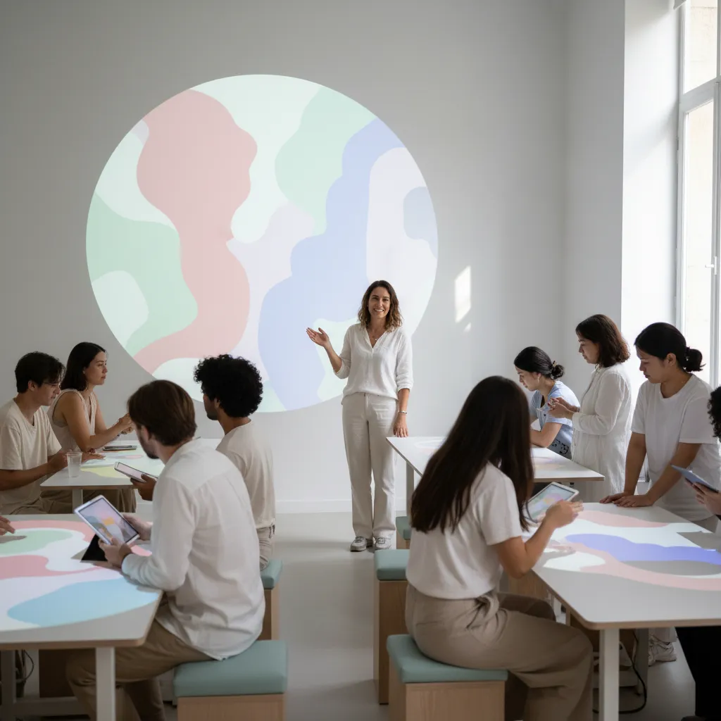 A creative workshop in progress, with a facilitator guiding participants through a hands-on planning exercise. The room is filled with pastel-coloured sticky notes and planning boards.