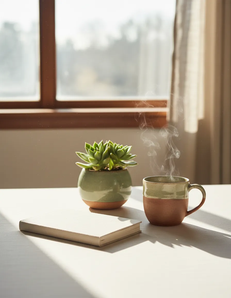 A soft-focus, organic calm aesthetic representing steady, gentle progress