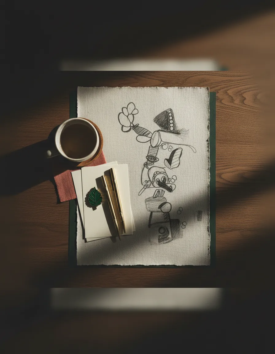 A desaturated, beautifully cluttered creative desk reflecting an active neurodivergent mind