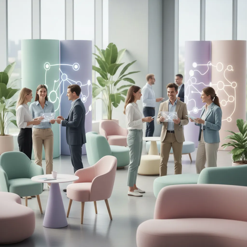 Attendees mingling in a pastel-themed networking lounge, exchanging business cards and ideas. The space is airy, with creative displays and comfortable seating.