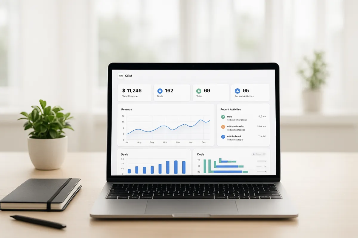Modern workspace with laptop displaying the 1board CRM dashboard