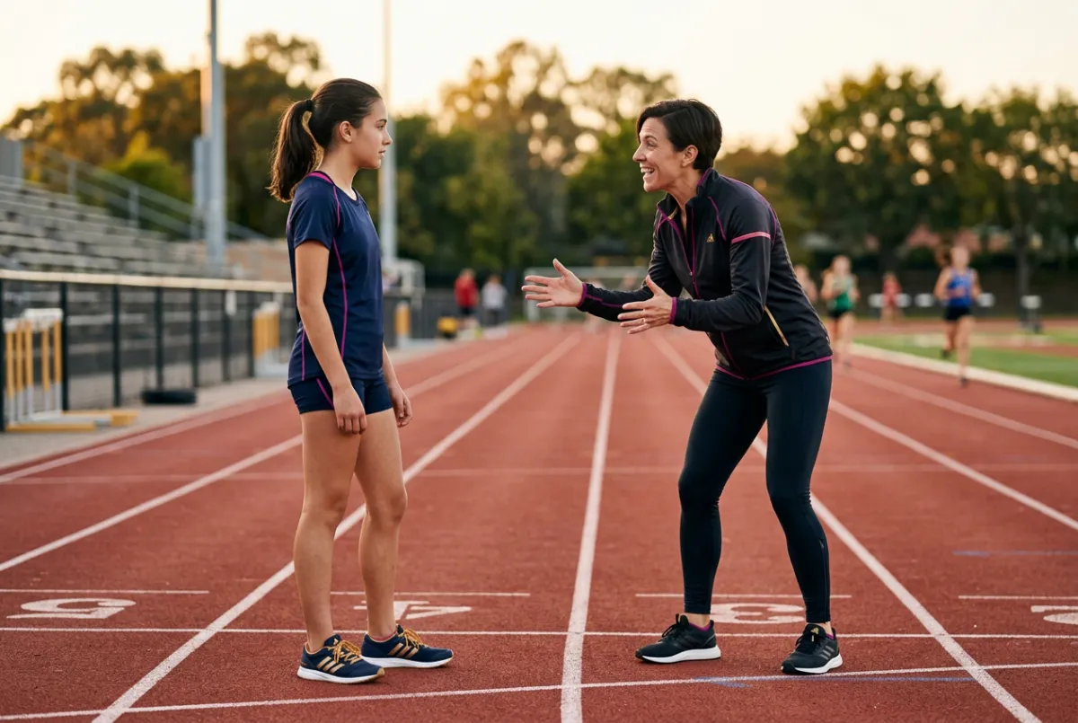 Enthusiastic female sports mentor coaching a young athlete on track
