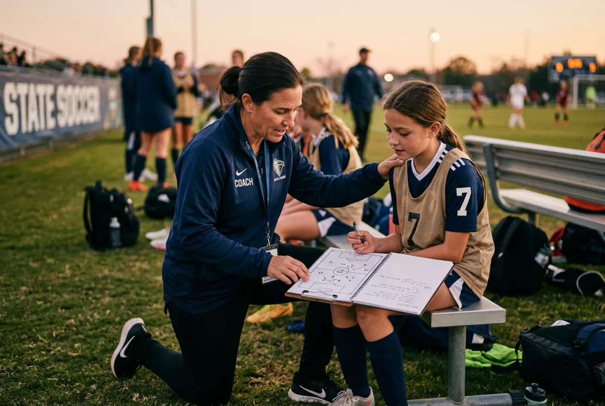 Collegiate female coach mentoring young soccer player on the sideline