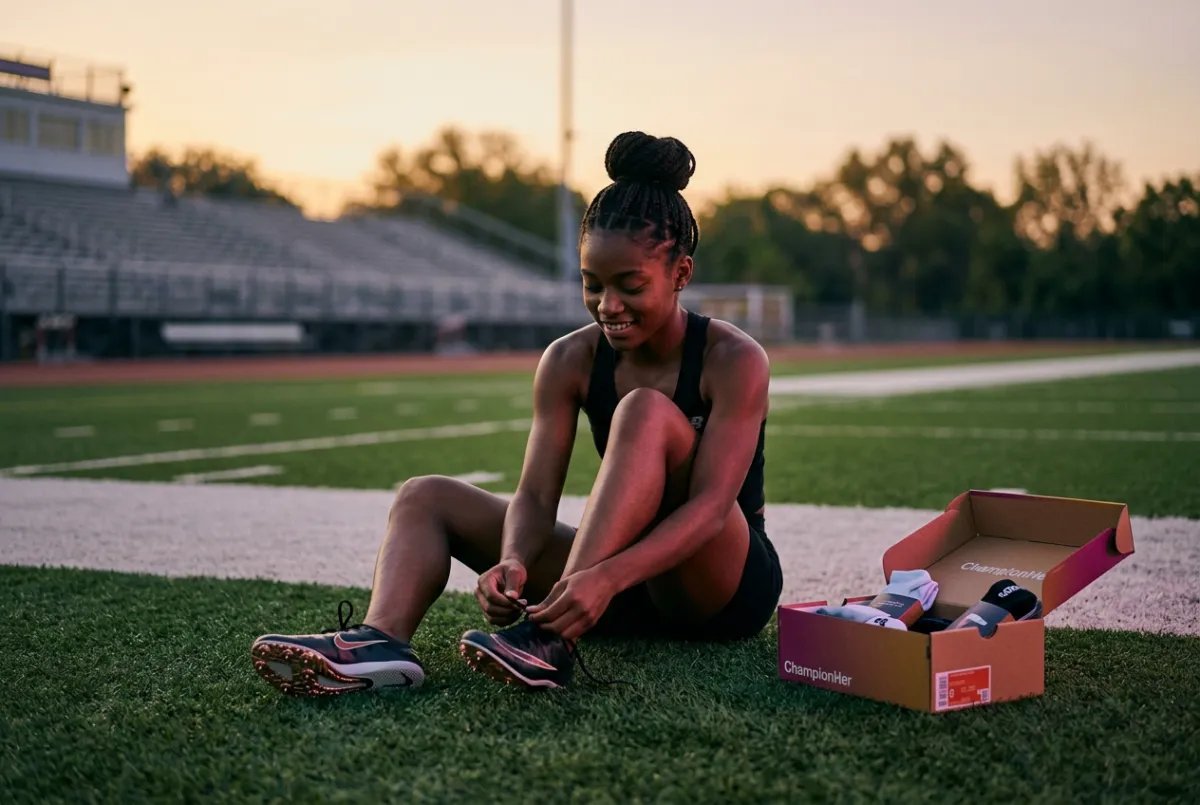 Young female track runner receiving athletic scholarship equipment