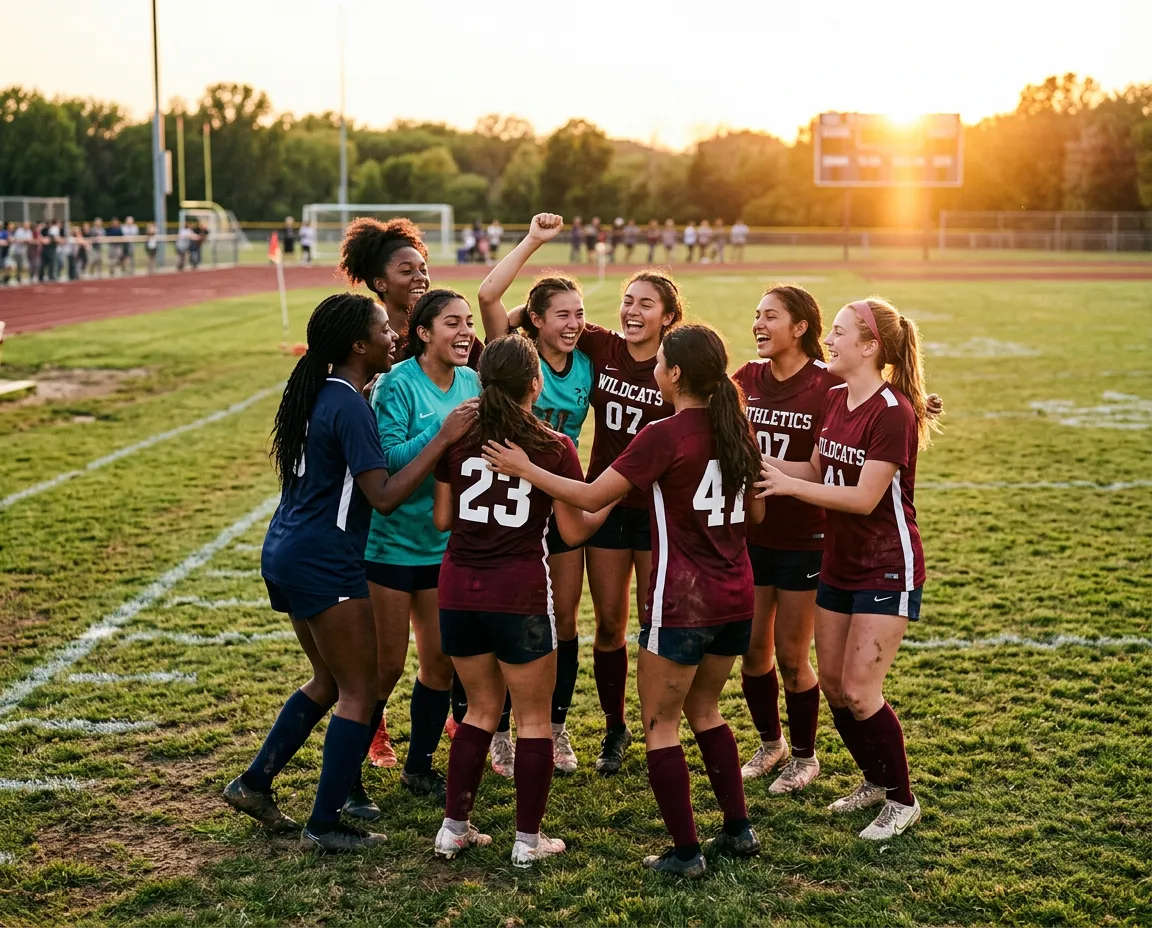 Empowered young female athletes celebrating on the sports field together