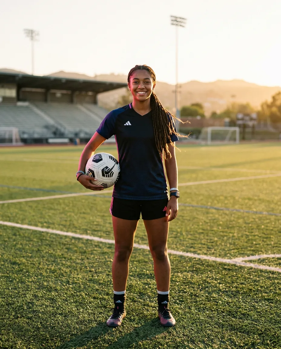 Empowered young female athlete with sports gear smiling on the field