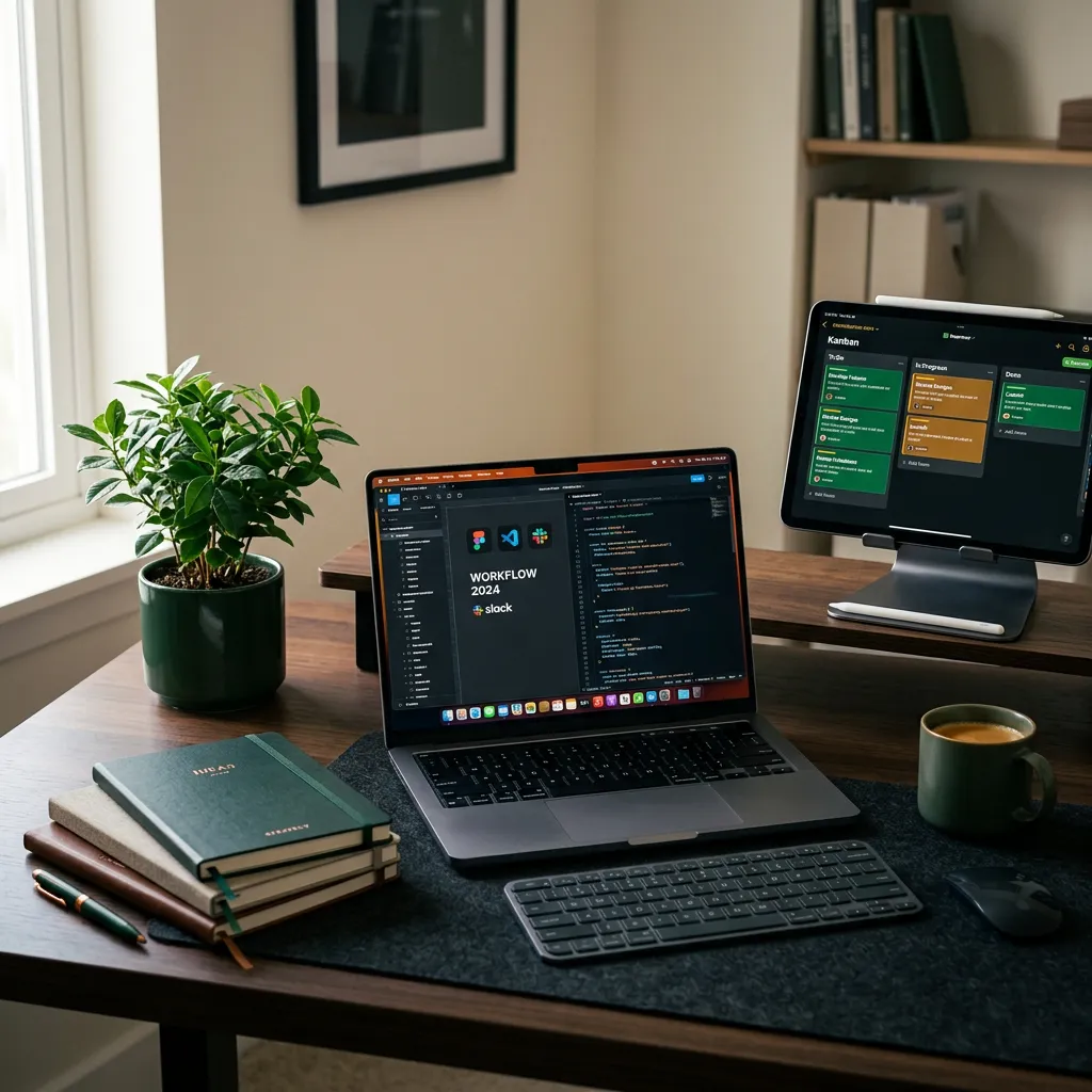 Organized modern workspace interface with system architecture and structured workflow boards