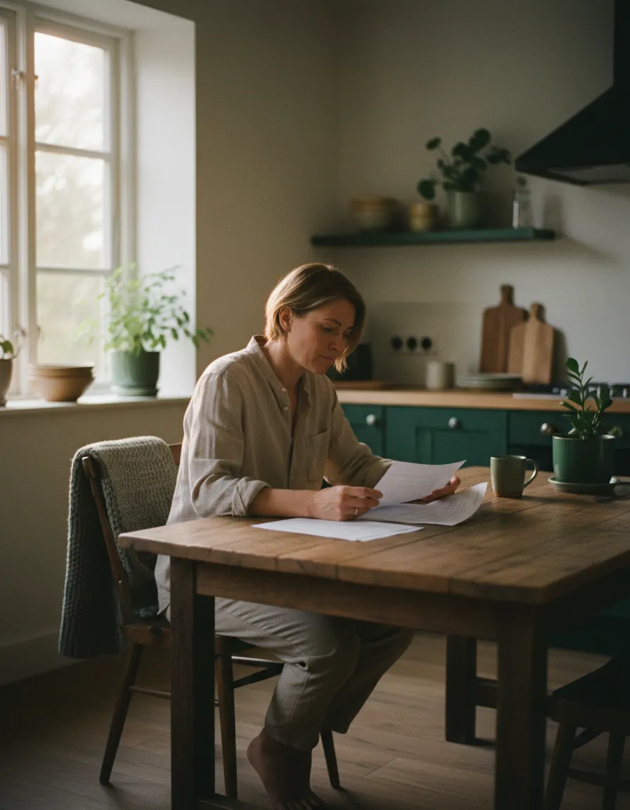 A parent looking thoughtfully at papers at a kitchen table