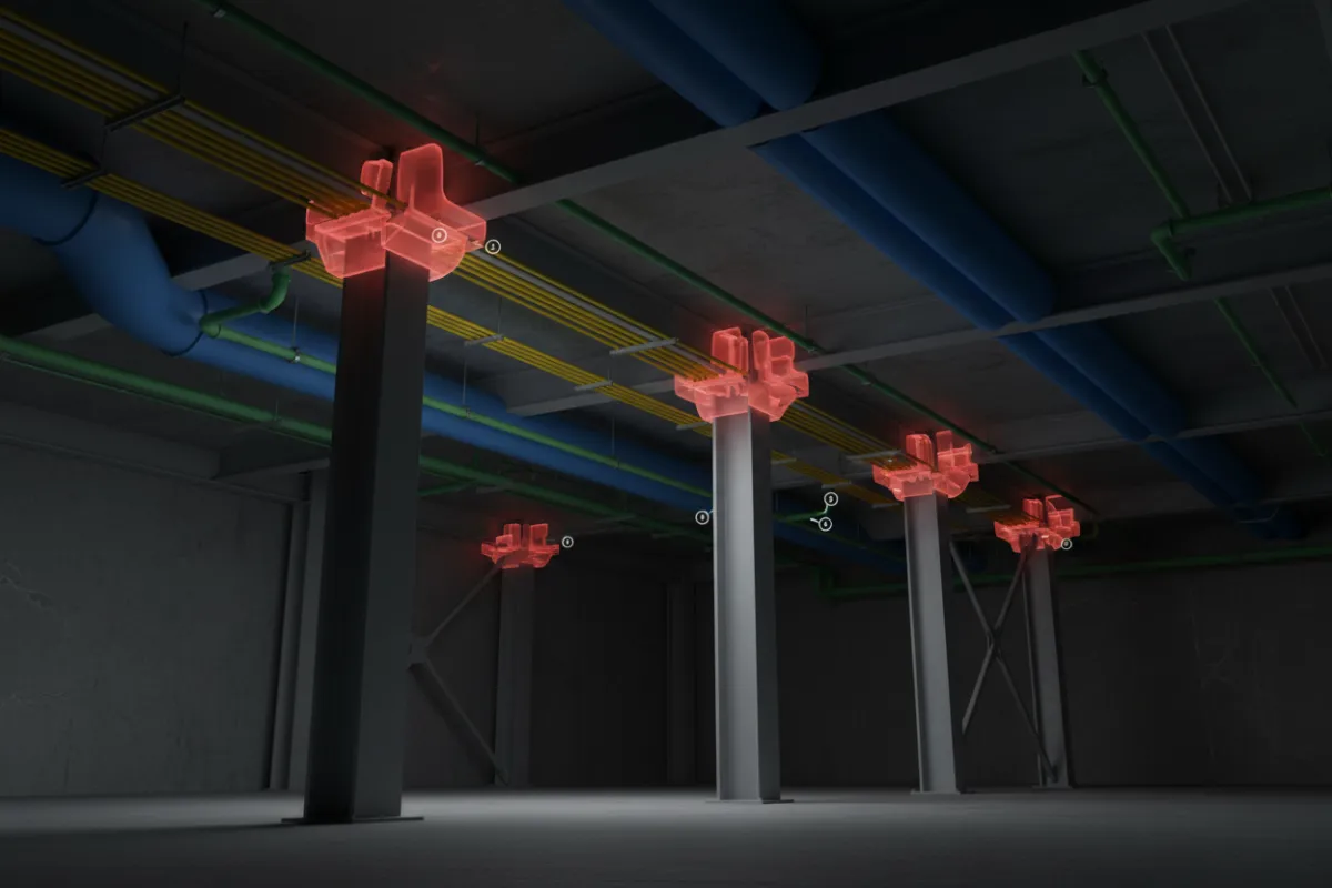 Photorealistic Revit BIM clash detection render showing visible clashes between structural beams, electrical conduits, HVAC ducting, and piping with clash markers and overlays