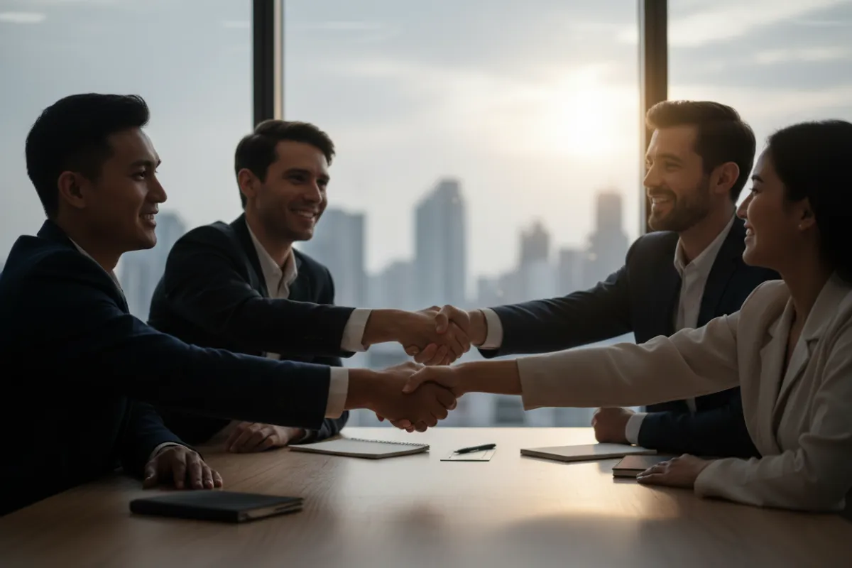Three business professionals shaking hands to agree on a deal in a modern boardroom, photorealistic