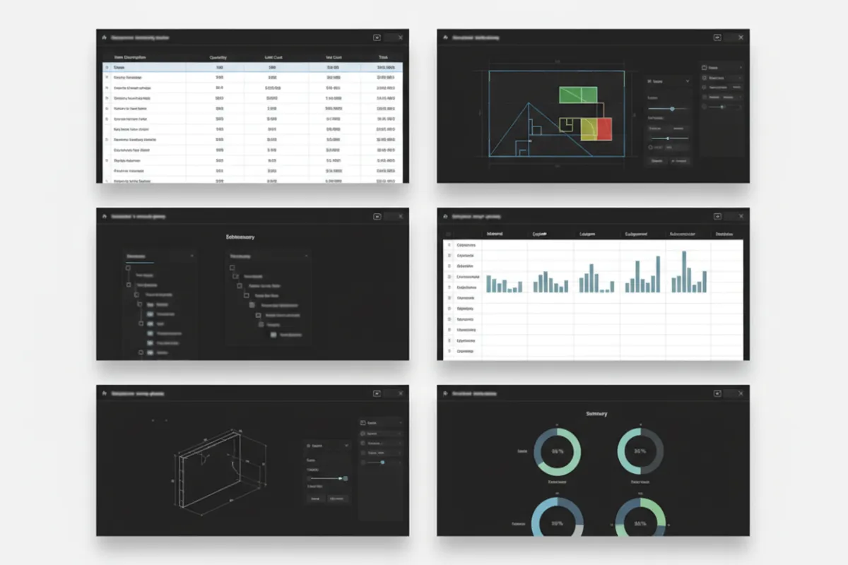 Collage of screenshots from popular estimating software (user interfaces and dashboards)