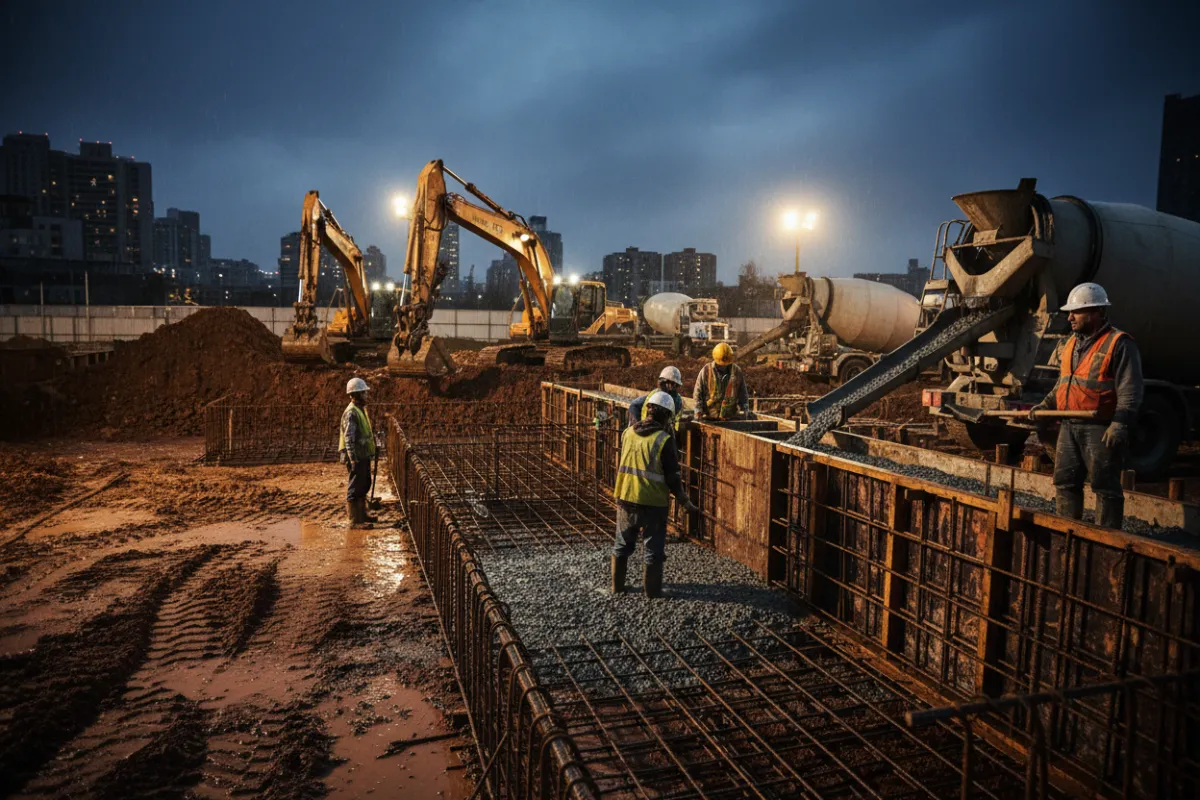 Active building foundation work showing rebar cages, concrete formwork and workers pouring concrete.