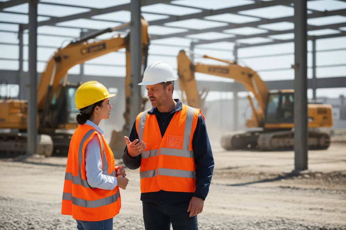 Construction project manager speaking with a female intern at an active construction site