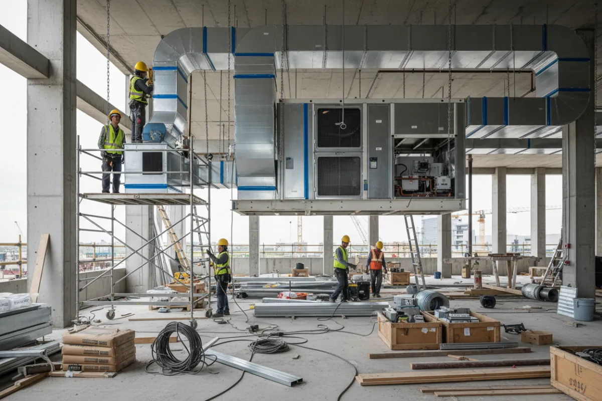 Two HVAC technicians in hard hats installing a rooftop HVAC unit on a commercial construction site with scaffolding and tools.