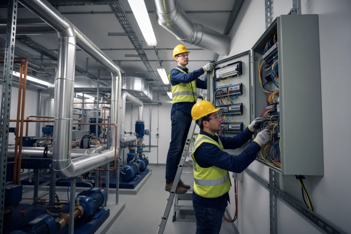 Technician installing building management system control panels in a commercial mechanical room.