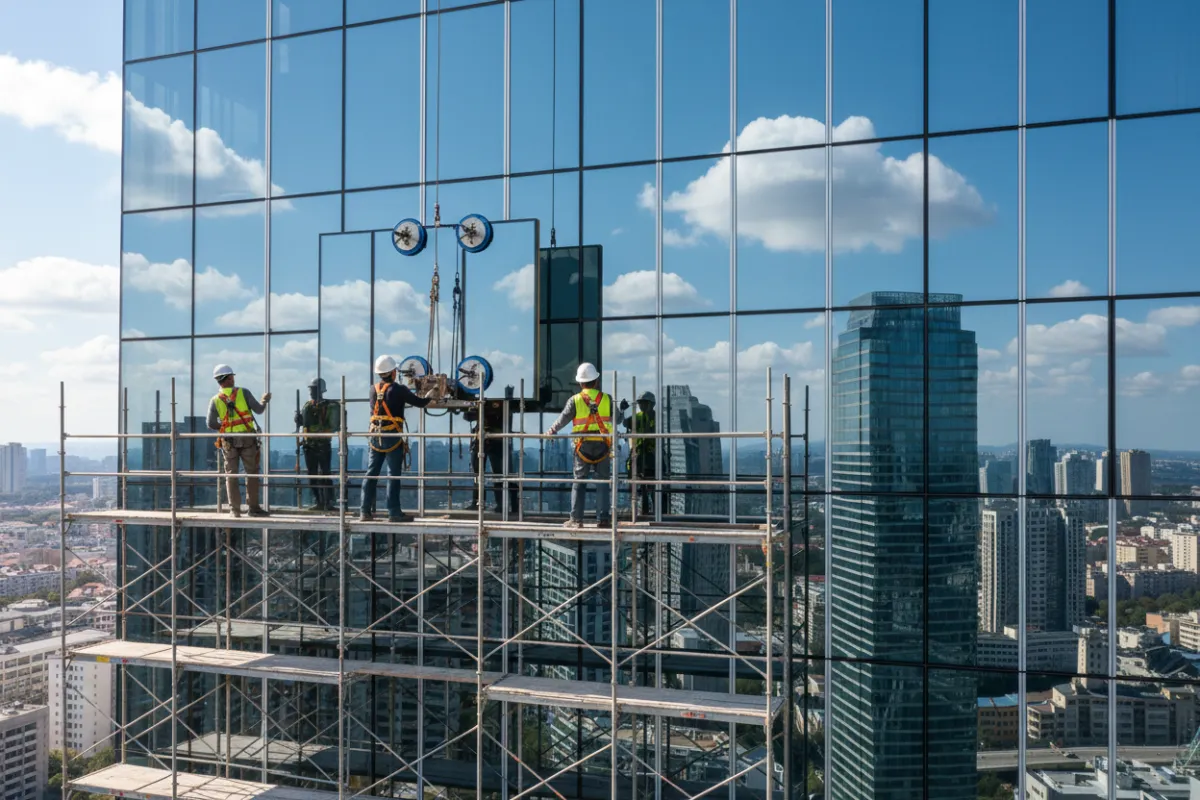 Construction crew installing glass curtain wall panels on a high-rise building façade.