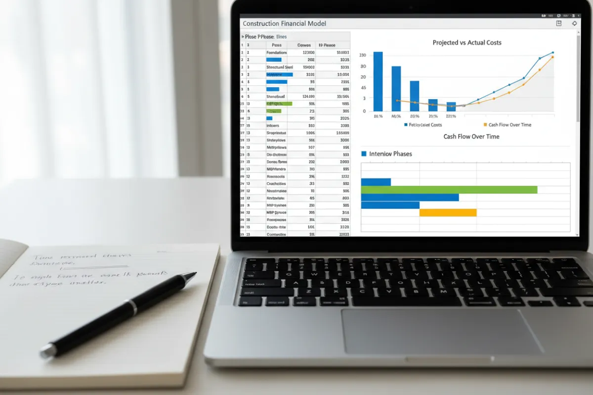 Laptop displaying a construction project financial model with cost breakdowns and charts.