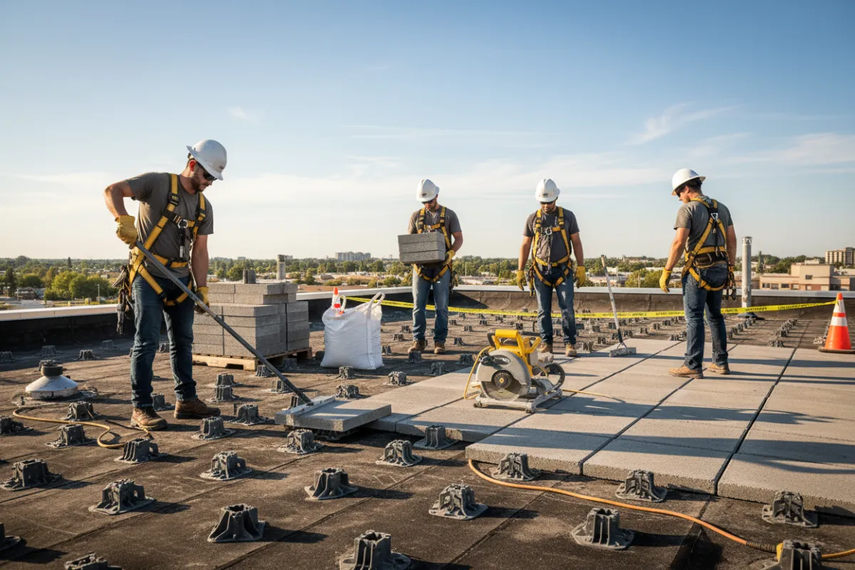 Roofers installing roofing pavers on a commercial roof.