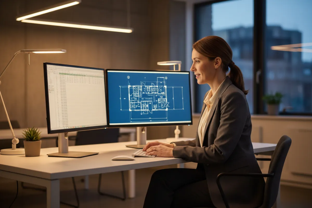 Female office worker at dual-monitor workstation showing Excel and construction plan.