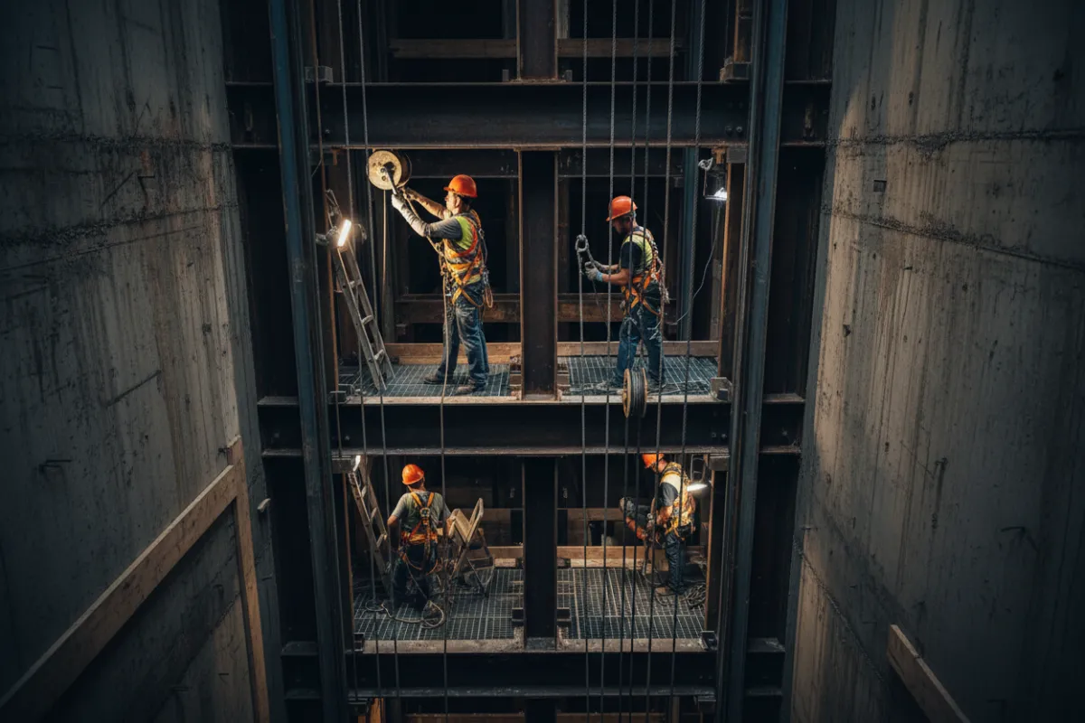 Workers working inside an elevator shaft installing guide rails and equipment.