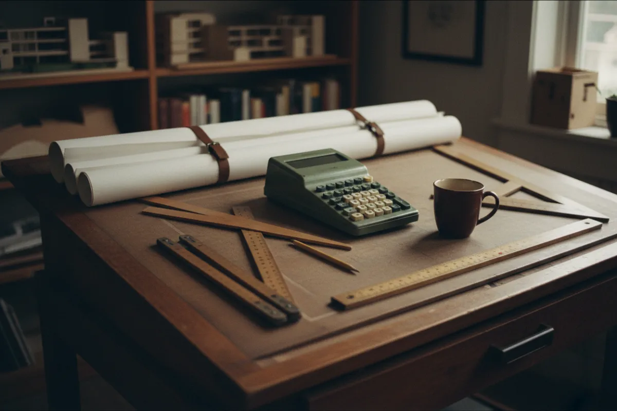 Old-school estimating workspace: drafting table with rolled blueprints, vintage printing-style calculator, mechanical pencil, wooden rulers, coffee mug, warm muted tones and subtle film grain