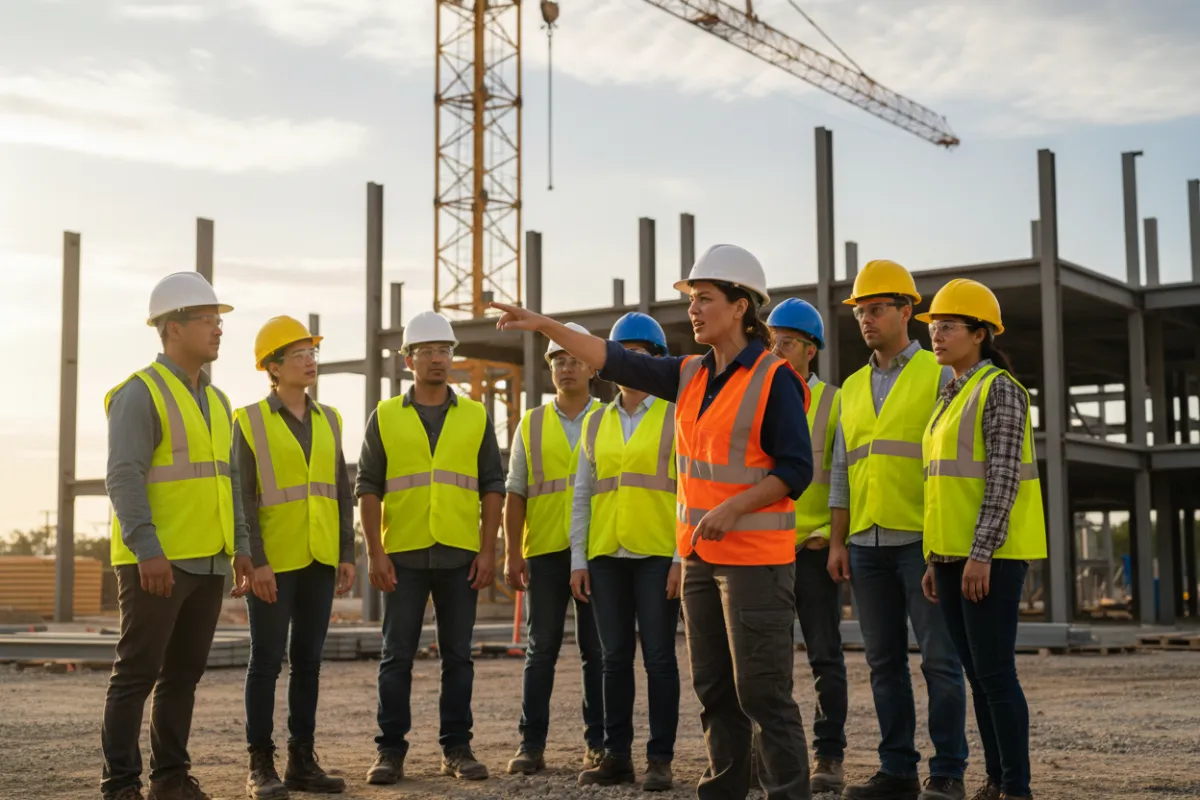 Construction project manager speaking to a group of construction workers