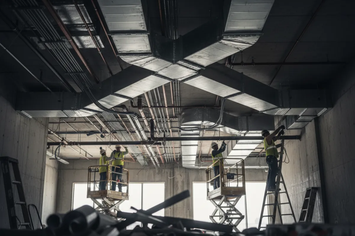MEP technicians installing HVAC ductwork, piping, and electrical conduits at a commercial construction site (photorealistic)