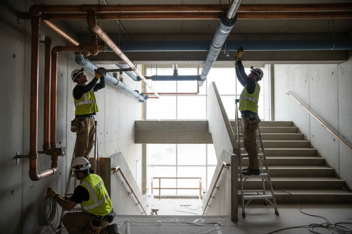 Plumbers installing chilled water piping on a stair landing.