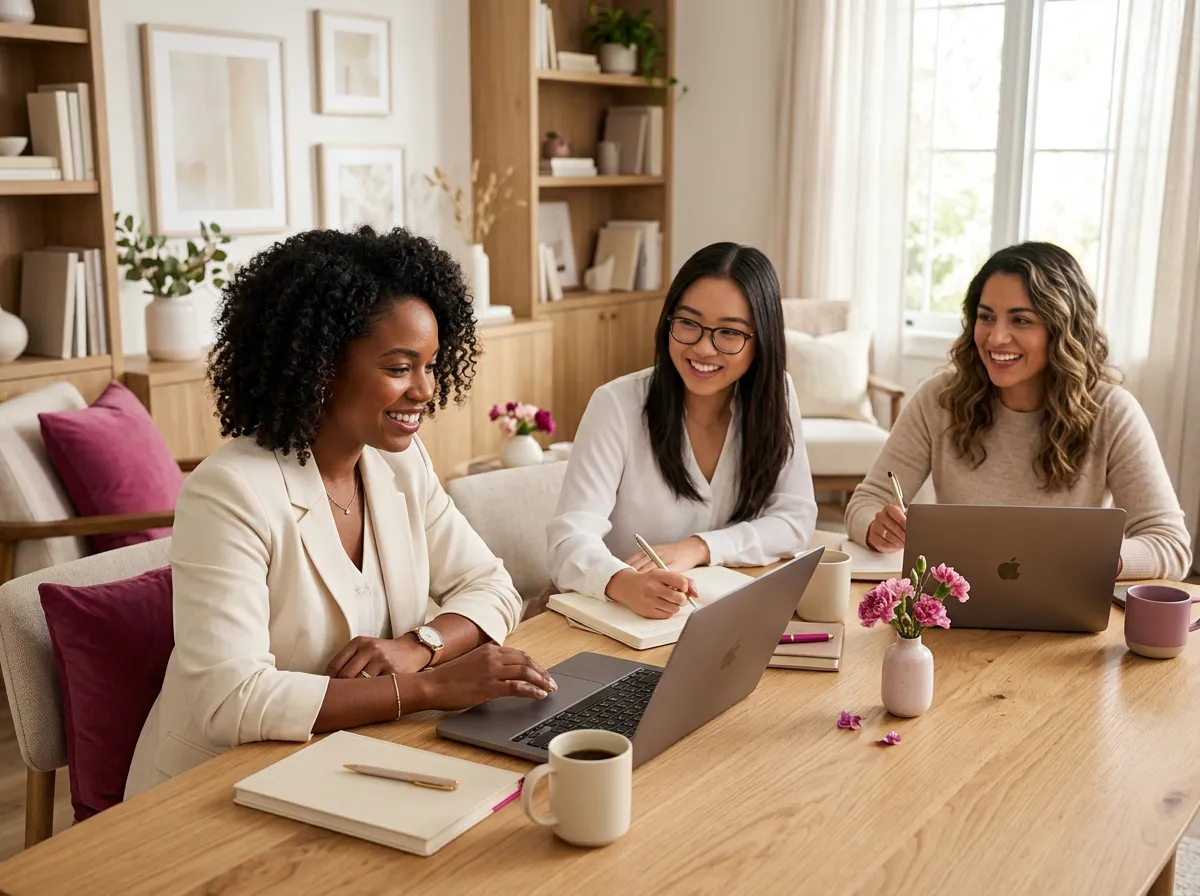 Women entrepreneurs collaborating in a virtual mastermind and action session on a video call