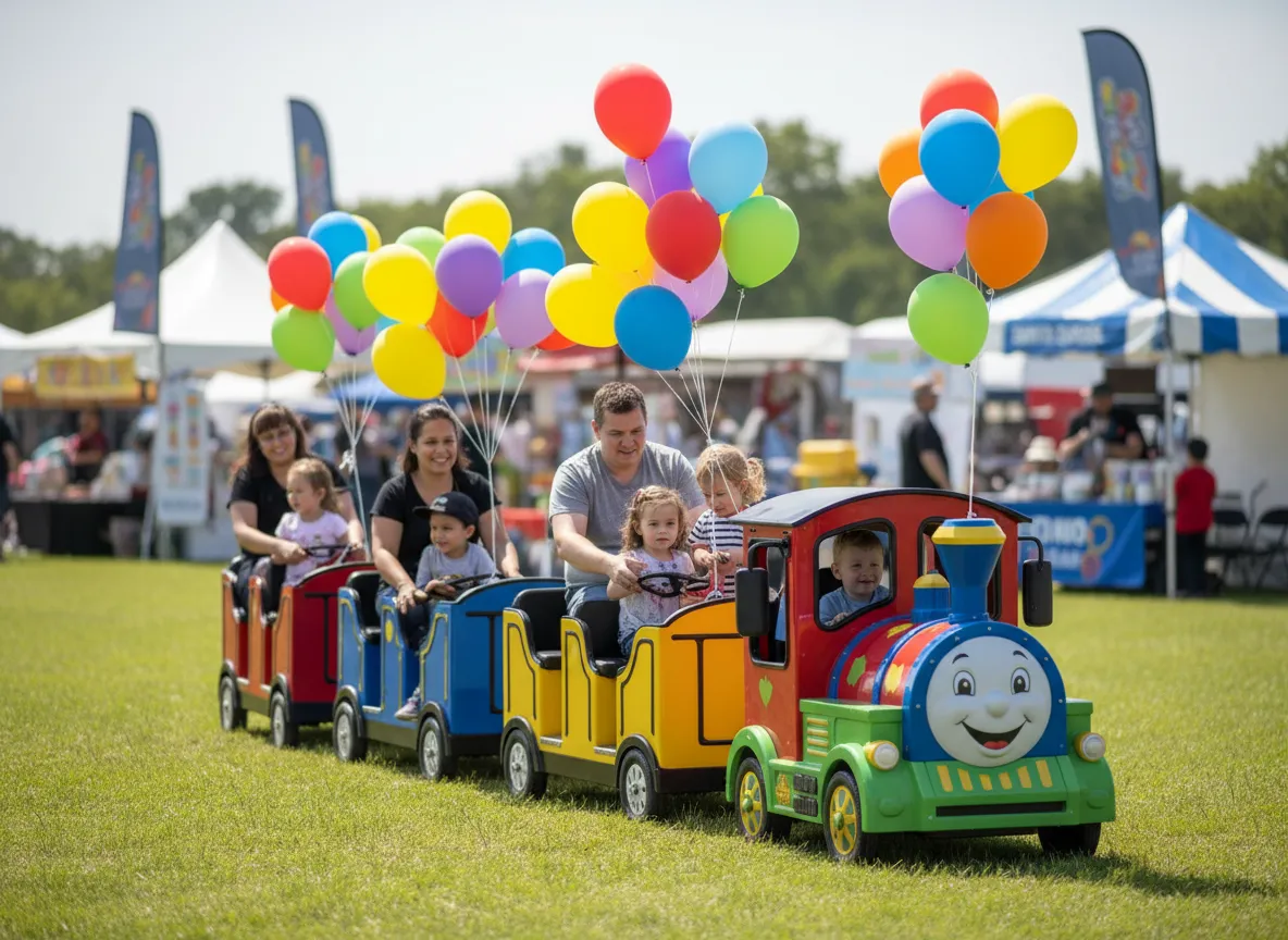 Families boarding a colorful trackless train at a community festival
