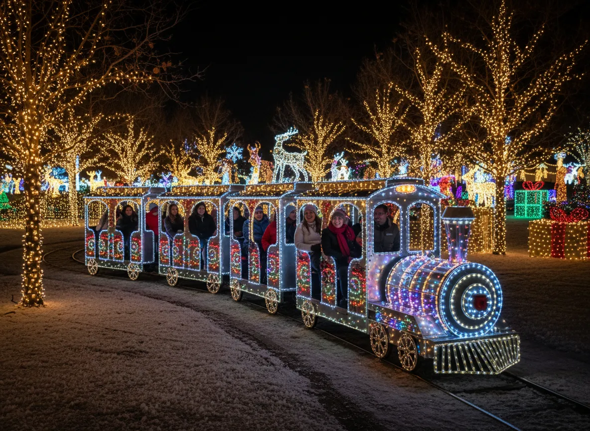 Trackless train giving rides through a decorated holiday light display at night