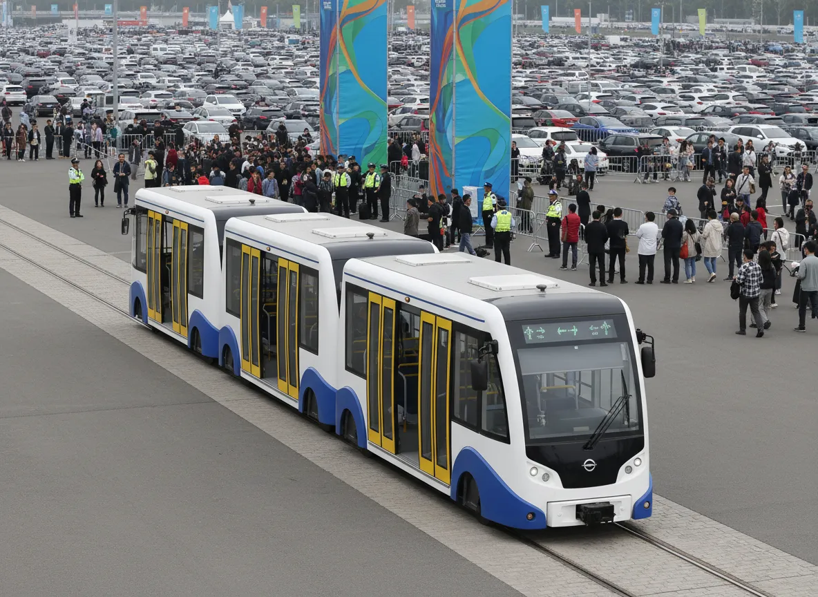 Trackless train operating as a shuttle between parking and entrance at a large venue
