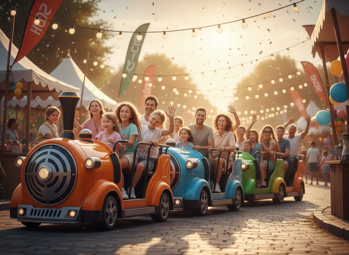 Colorful trackless train with families riding at an outdoor event