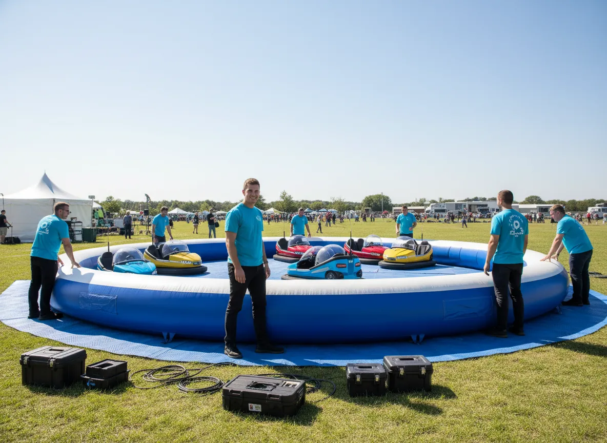 Bumper car arena being set up at an outdoor event