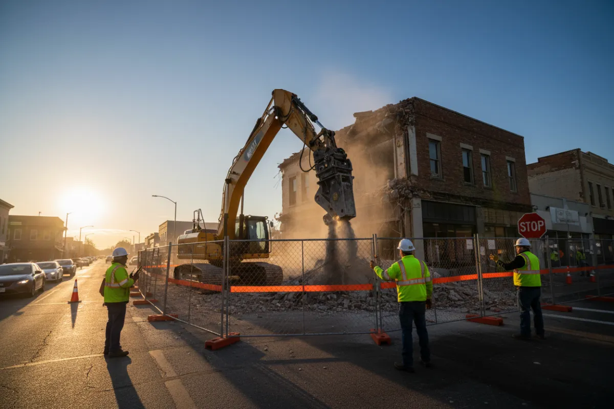 Commercial demo of an old storefront using large excavator and protective fencing, morning light, crew coordinating with traffic control; photorealistic capture emphasizing scale and professional equipment.