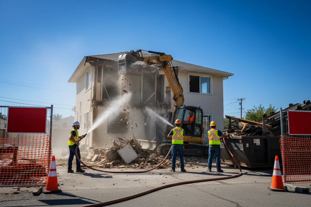 Crew demolishing a small residential structure in daylight: workers with safety gear, compact excavator in mid-demolition, clear sky, photorealistic, emphasis on safety signage and controlled debris removal.