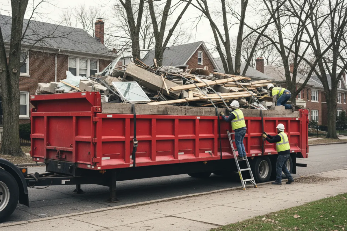Large red dump trailer loaded with mixed demolition debris at curbside, crew securing load straps, overcast light; composition highlights hauling capacity and logistics.