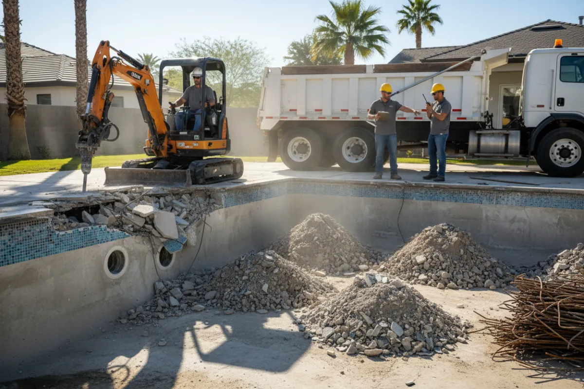 Close composition showing pool slab being broken with machinery, removed tiles and orderly debris piles, crew coordinating removal truck; daylight, photorealistic, emphasis on efficient clean-up.