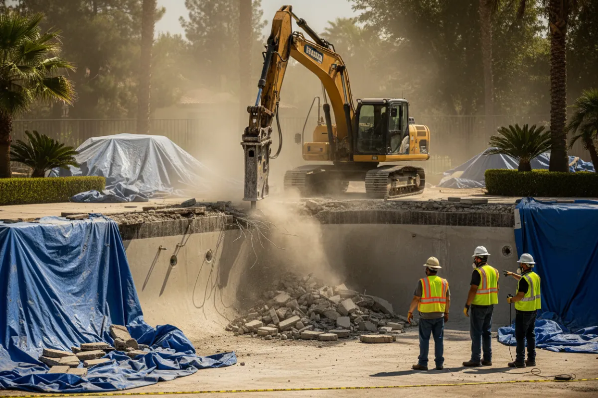 Pool demolition scene: excavator breaking concrete pool edge, dusty midday sun, protective tarps and crew with PPE, photorealistic style showing controlled machinery and clean work zones.
