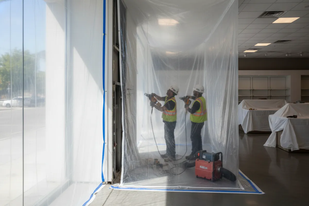 Interior selective demo of a storefront wall removal: workers with small equipment, dust control measures, protective sheeting; focus on precision and attention to finished areas.