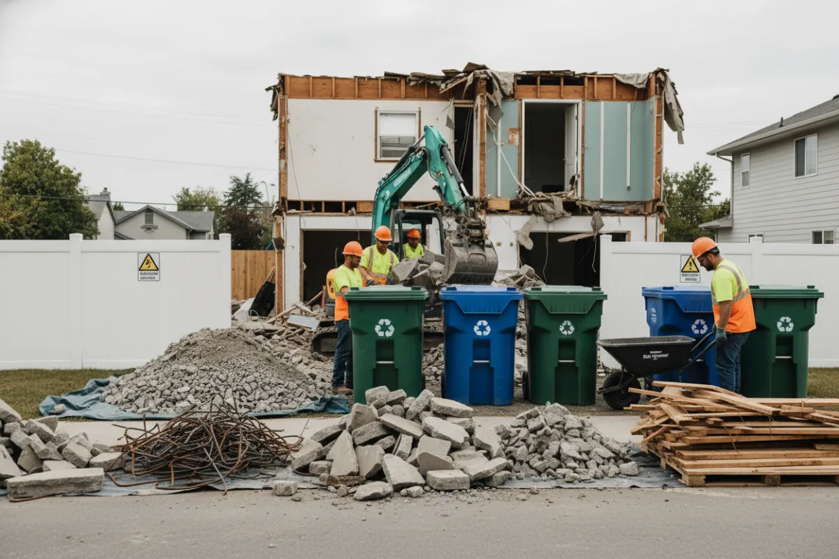 Curbside residential site with demolition in progress: stacked debris, recycling bins, signage, workers in high-vis jerseys, overcast soft light; composition focuses on clean site management and crew.