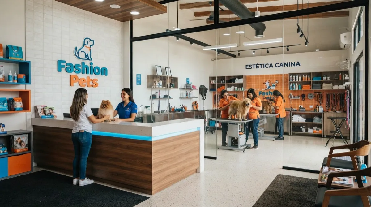 Sede moderna de Fashion Pets en Cartago con recepción luminosa y zona de estética canina