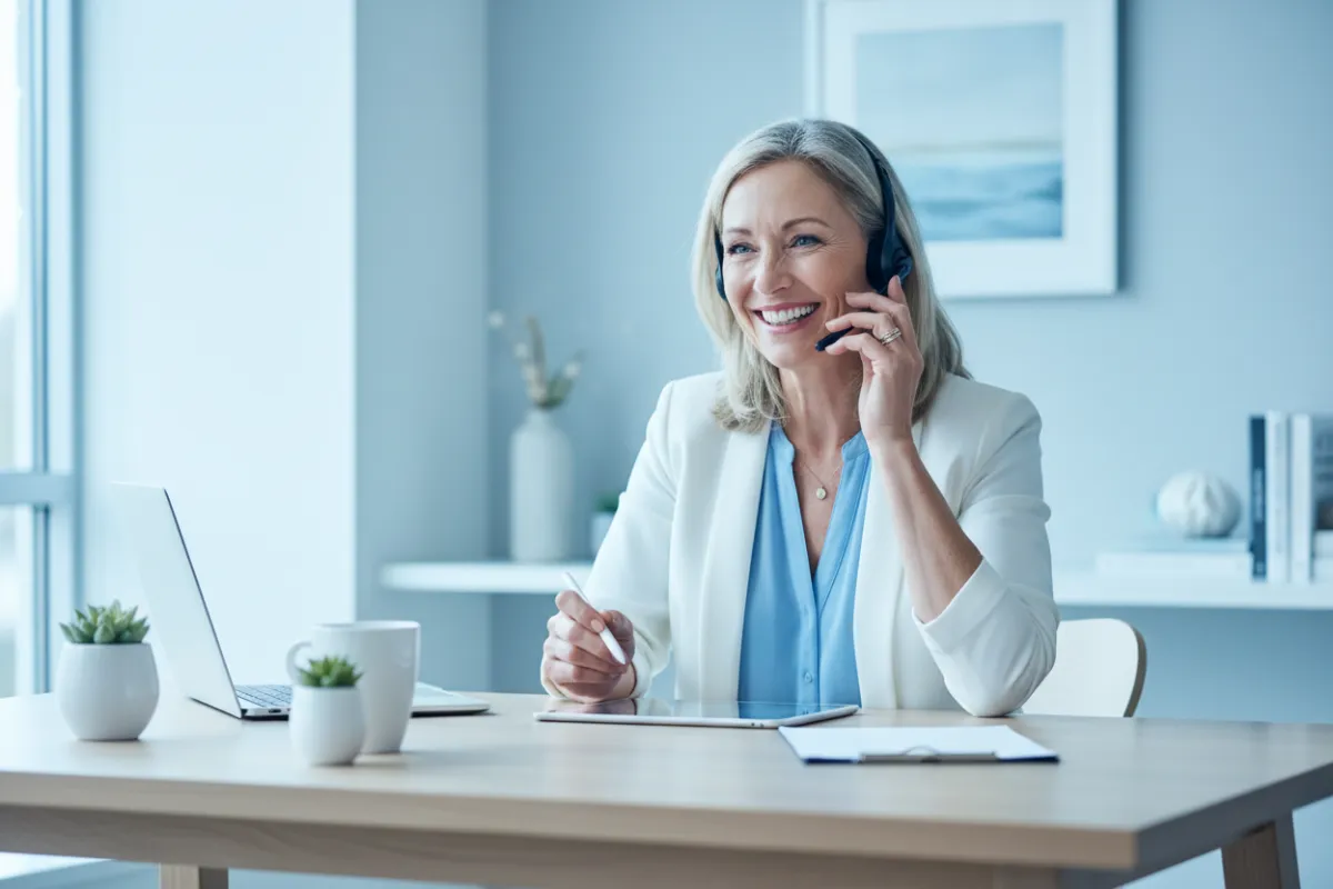 Friendly Medicare advisor smiling while speaking with a client