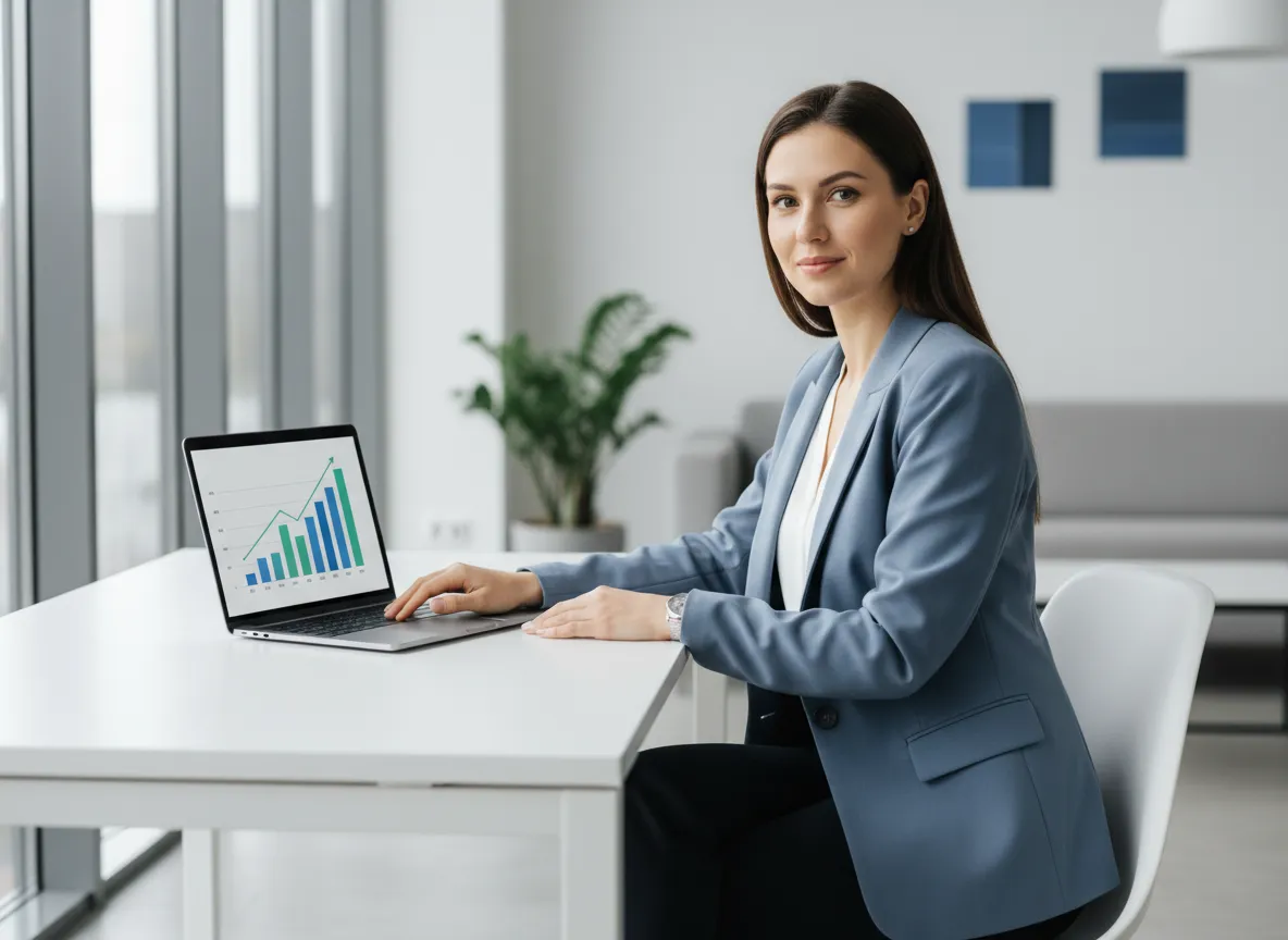 Confident female executive reviewing growth metrics on a laptop in a bright office