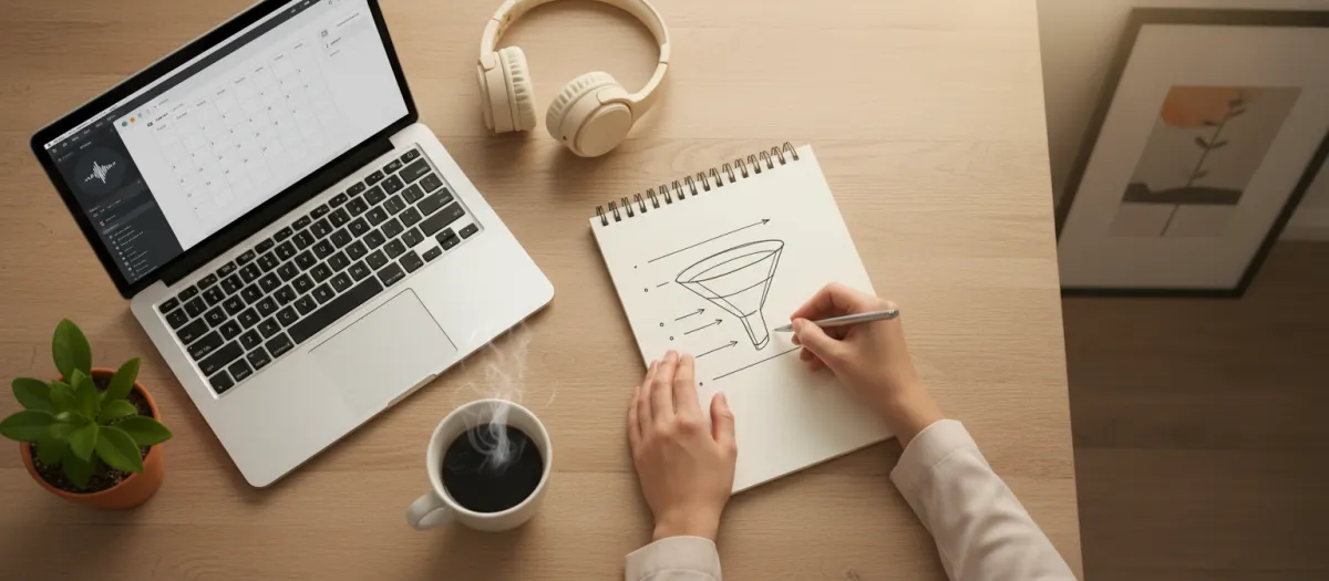 Business owner planning podcast strategy with notes and laptop