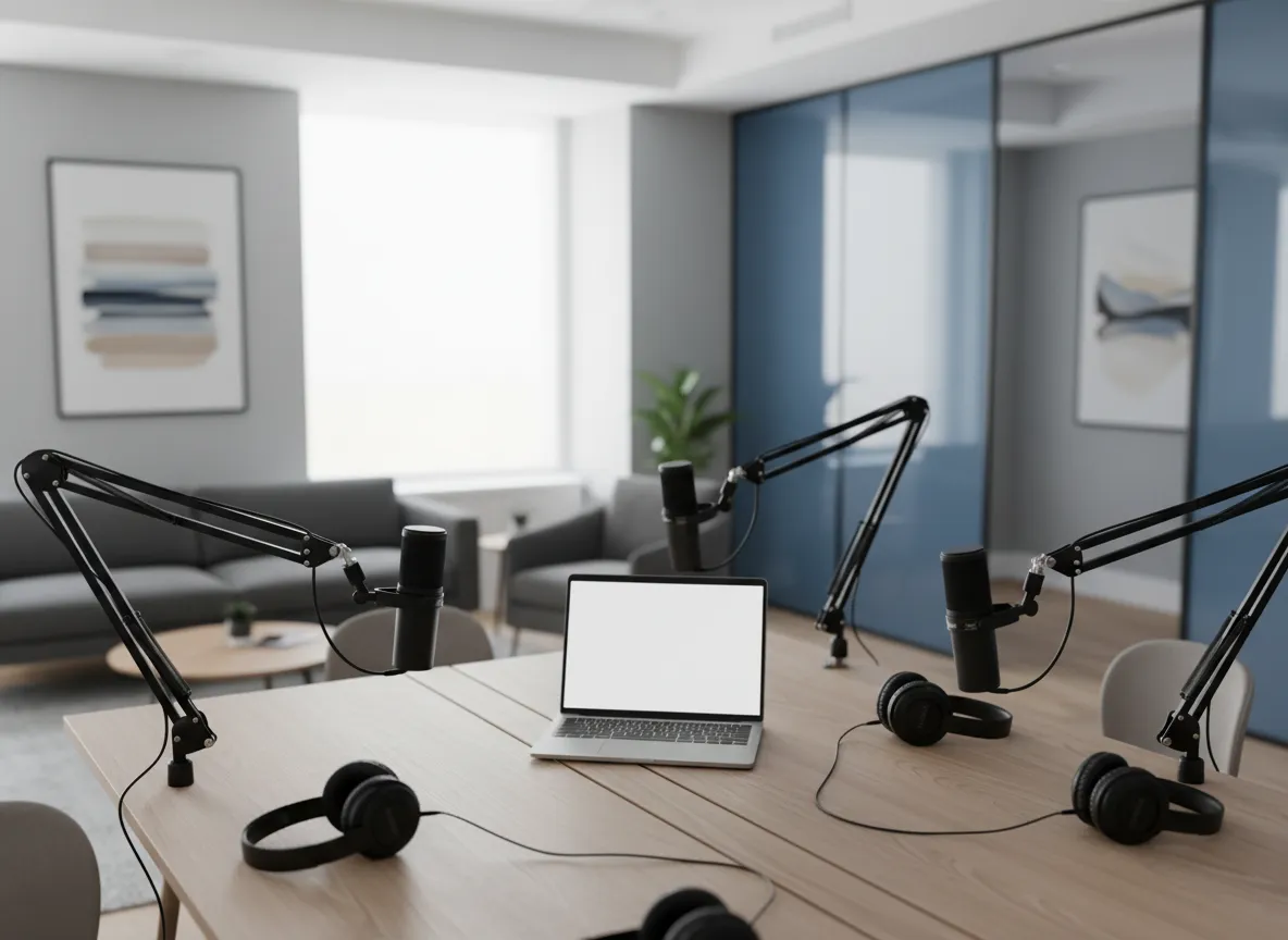 Professional podcast recording setup in a modern business workspace