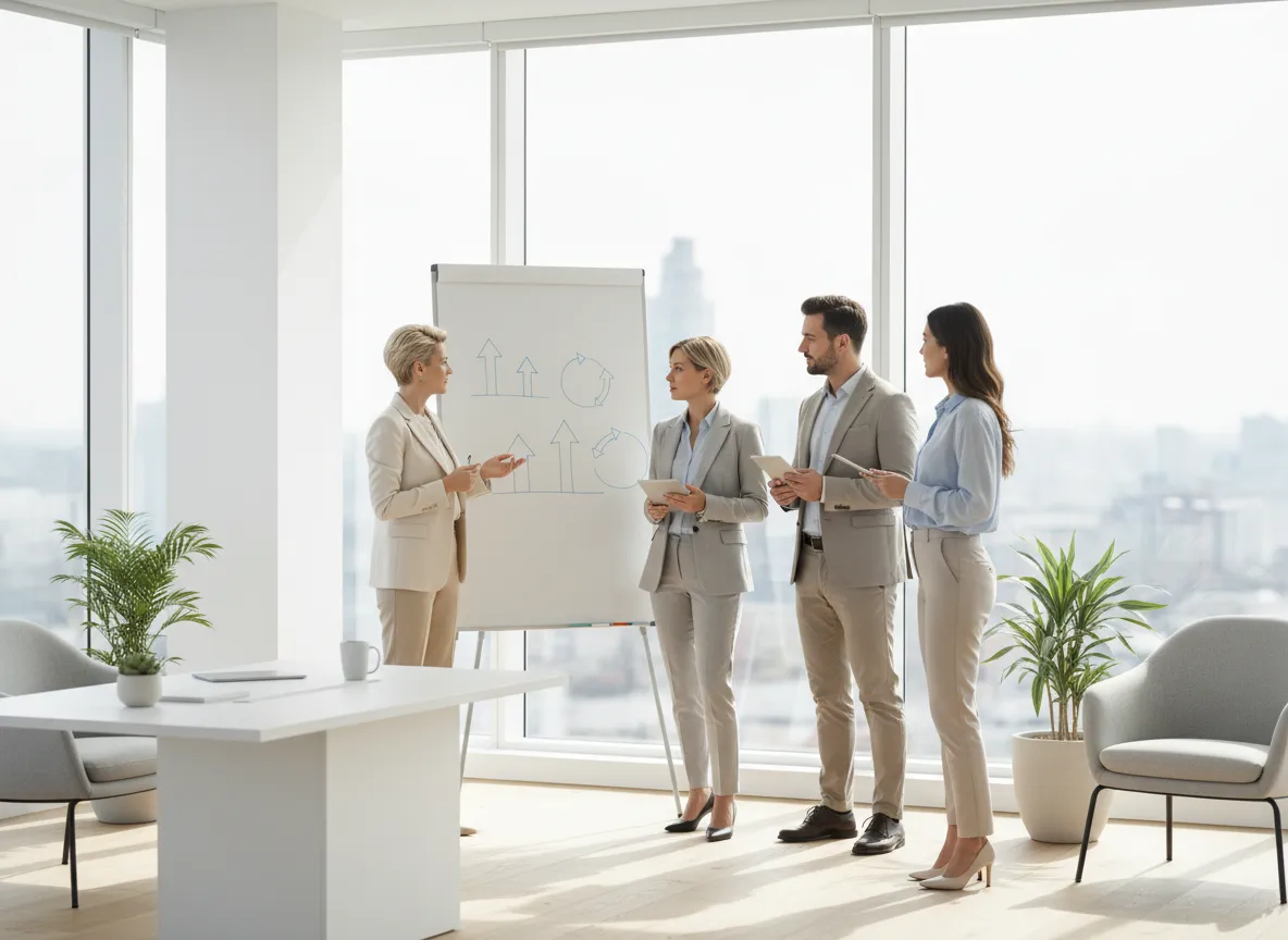 Leaders in a modern strategy planning session with whiteboard in a bright office