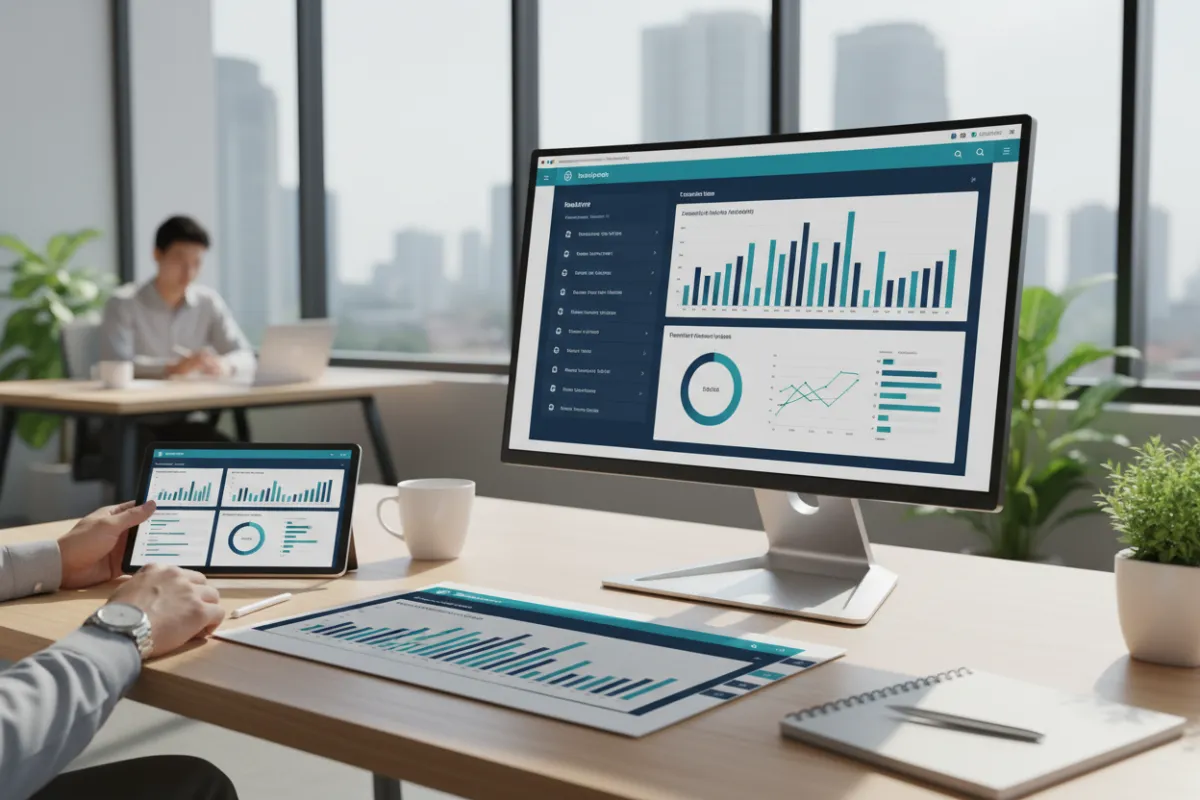 Professional business photo of a modern analytics dashboard and structured planning workspace in a bright, natural-light office
