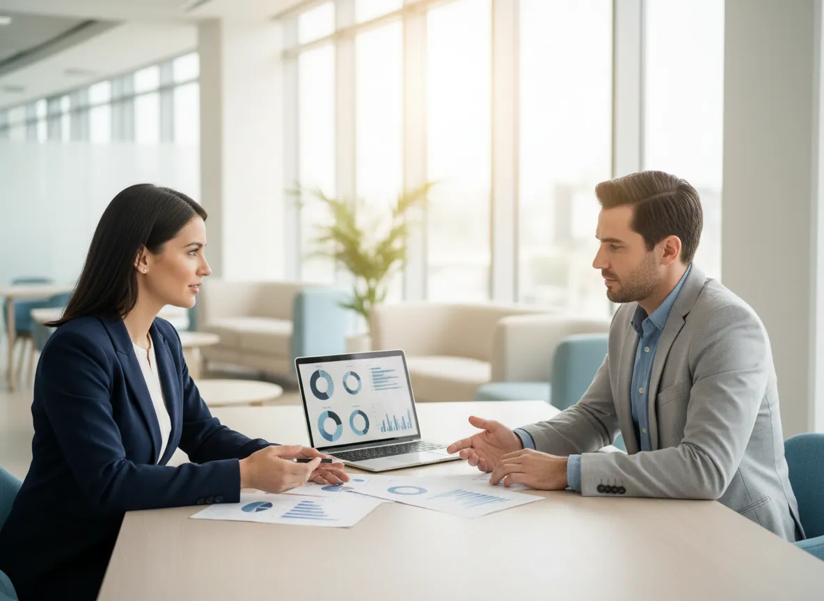 Business owner reviewing growth plans with advisor in a bright, modern office