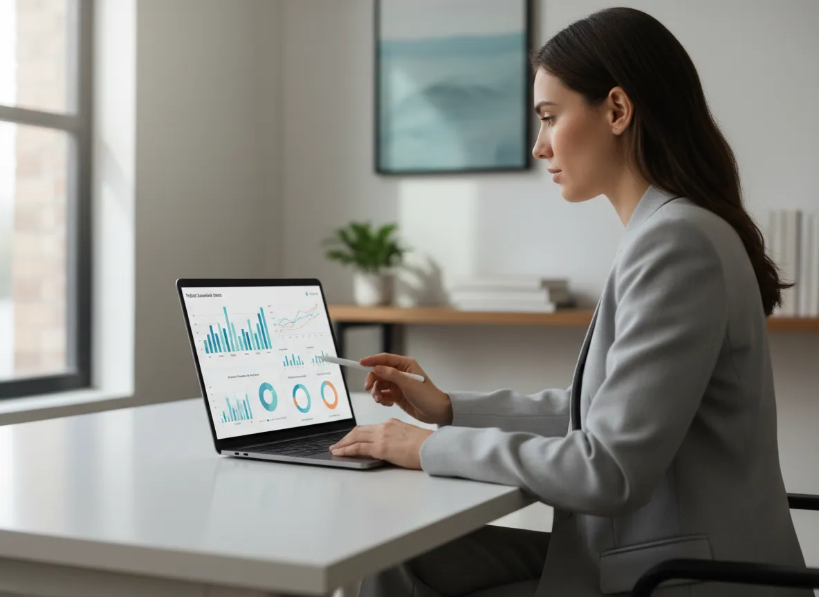 Business professional reviewing podcast performance analytics on a laptop